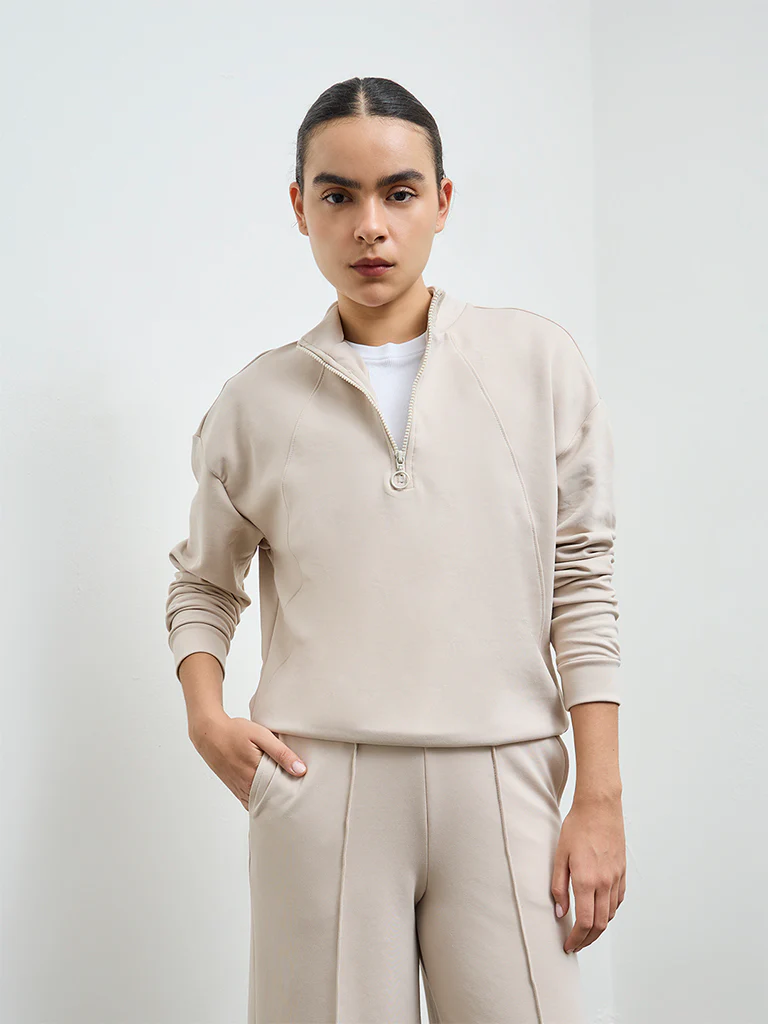 Nuoflexx Beige Solid Quarter-Zip Sweatshirt