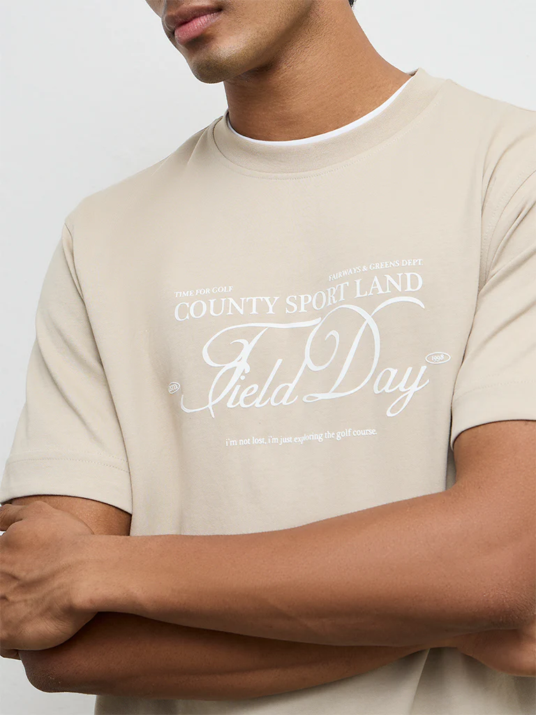 Nuoflexx Beige Text Printed Relaxed-Fit Cotton-Blend T-Shirt - Image 3