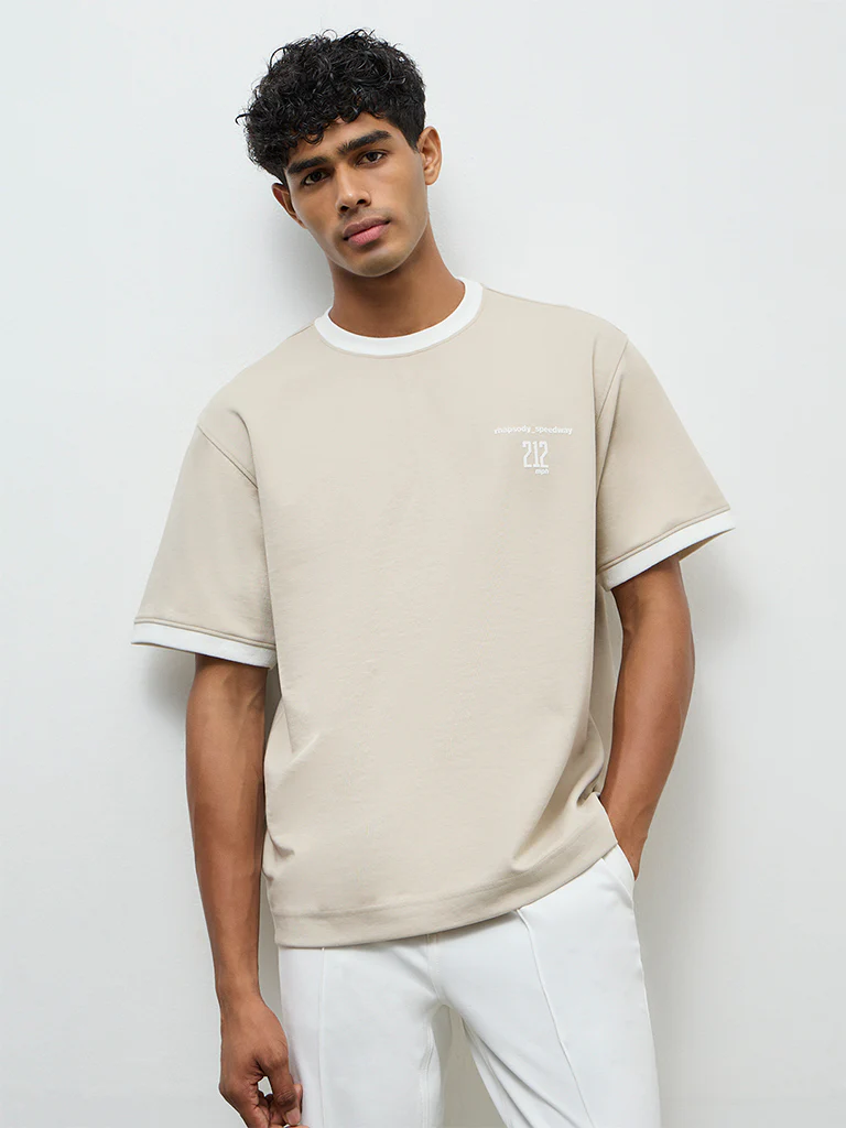 Nuoflexx Beige Text Printed Relaxed-Fit T-Shirt