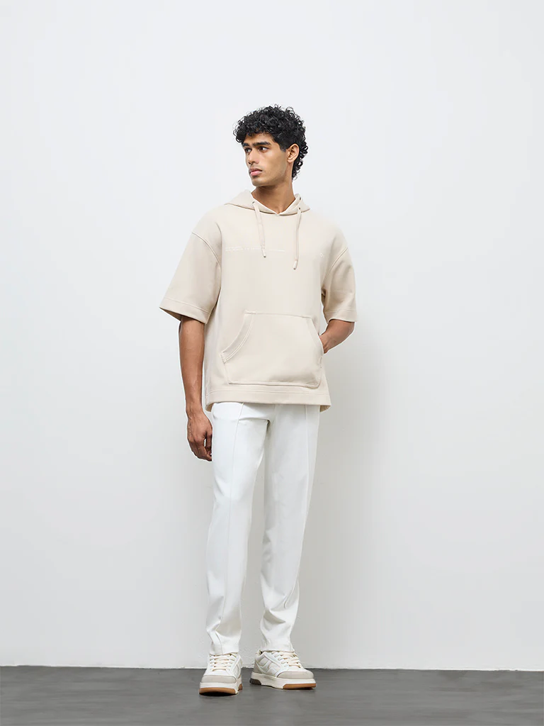 Nuoflexx Beige Typographic Relaxed-Fit Hooded Sweatshirt - Image 3