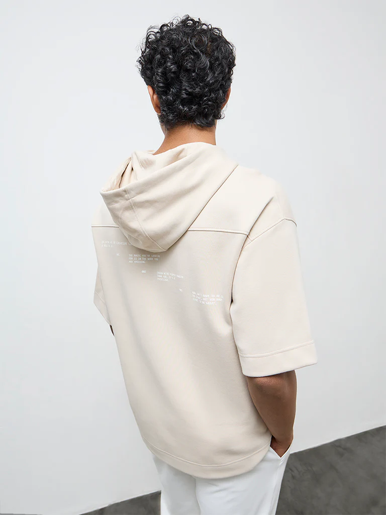 Nuoflexx Beige Typographic Relaxed-Fit Hooded Sweatshirt - Image 5