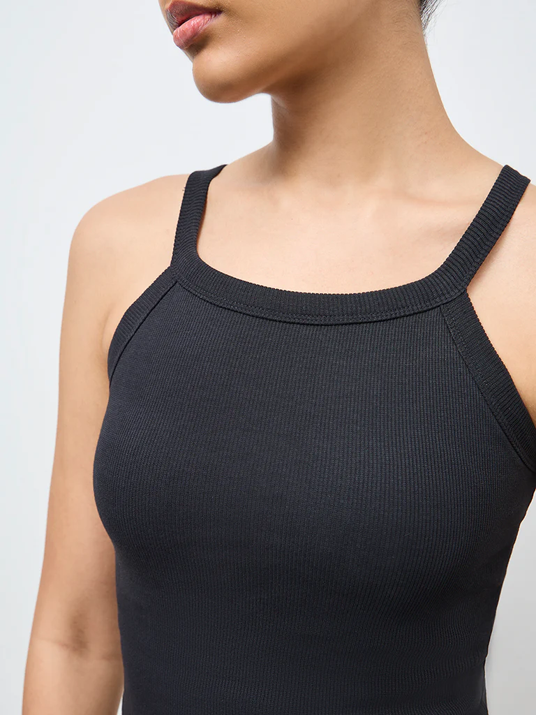 Nuoflexx Black Ribbed Cotton-Blend Tank Top - Image 3