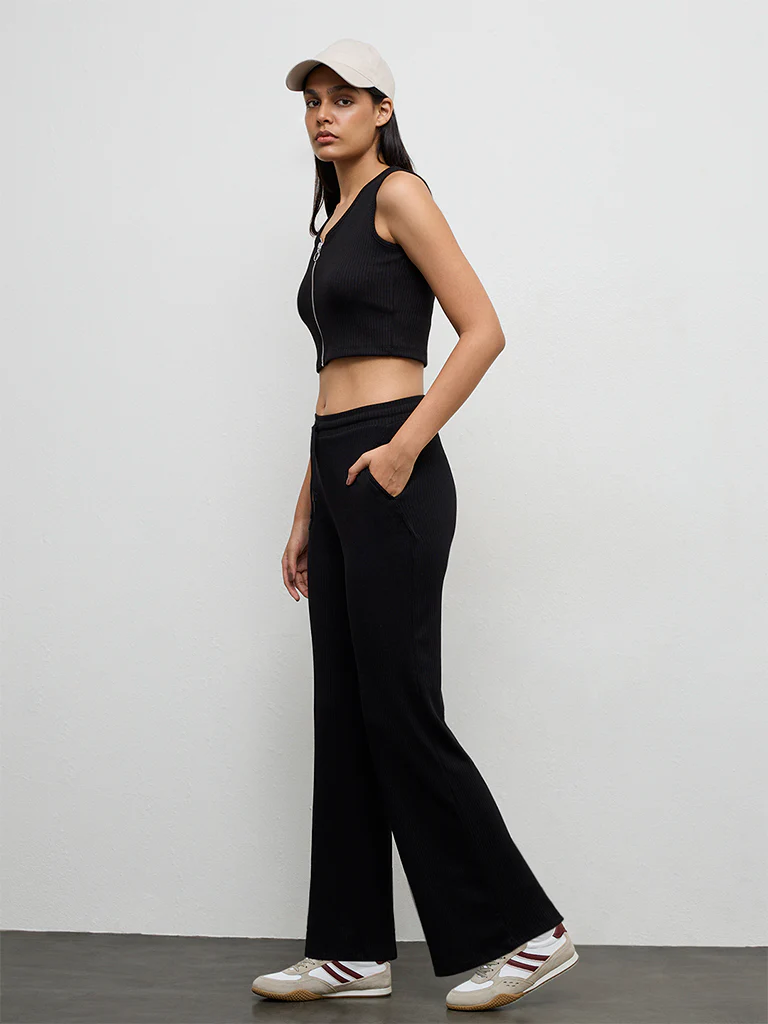Nuoflexx Black Ribbed-Textured High-Rise Pants
