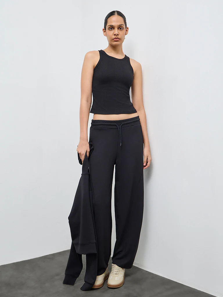 Nuoflexx Black Self-Striped Cotton-Blend Tank Top - Image 2
