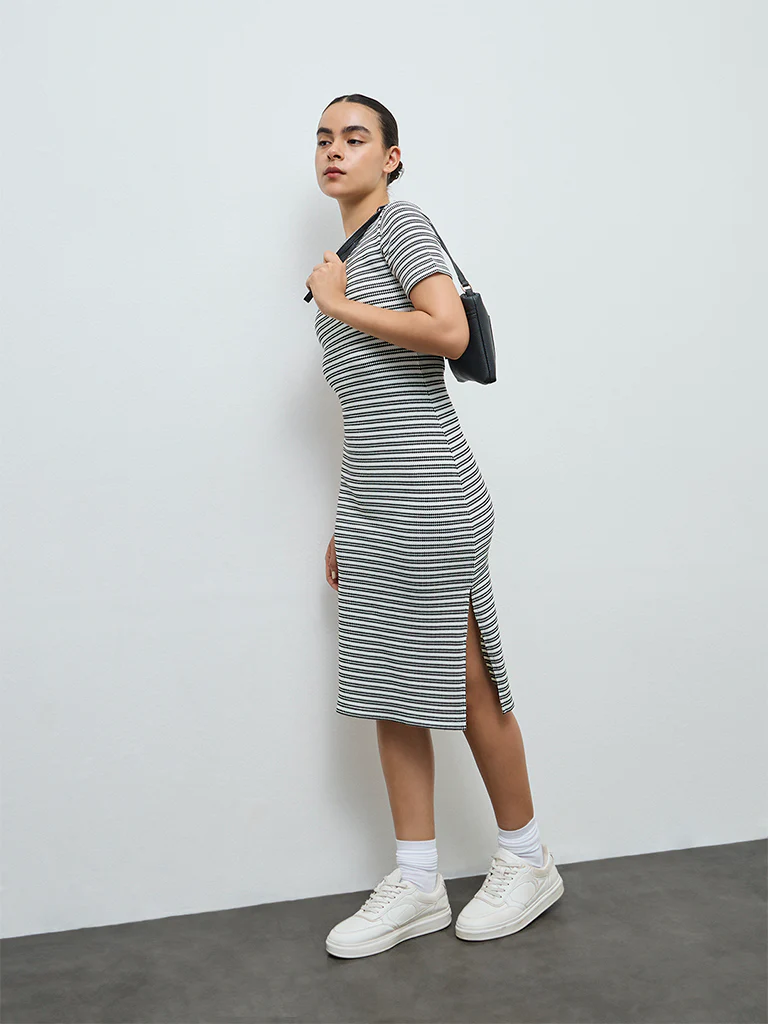 Nuoflexx Black Striped Cotton-Blend Straight Dress - Image 2