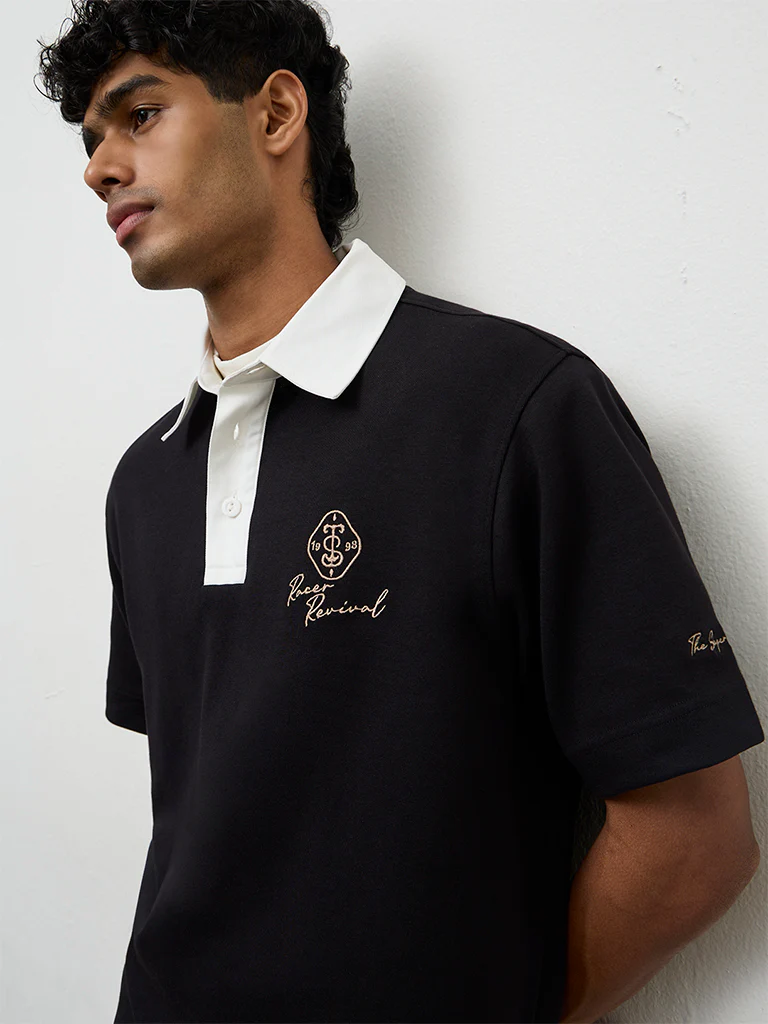 Nuoflexx Black Text-Detail Relaxed Fit Cotton-Blend T-Shirt - Image 3