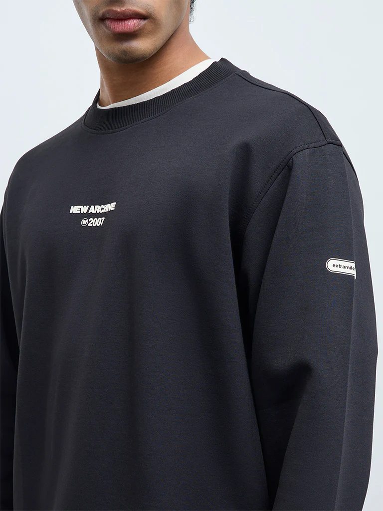 Nuoflexx Black Text Printed Cotton-Blend Relaxed-Fit Sweatshirt - Image 3