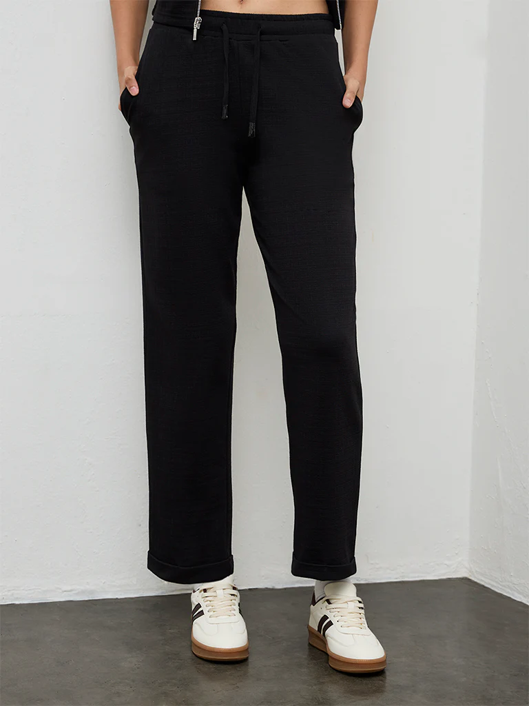 Nuoflexx Black Textured High-Rise Cotton-Blend Track Pants - Image 2