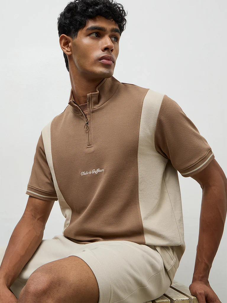 Nuoflexx Brown Color-Blocked Slim-Fit Quarter-Zip T-Shirt - Image 3