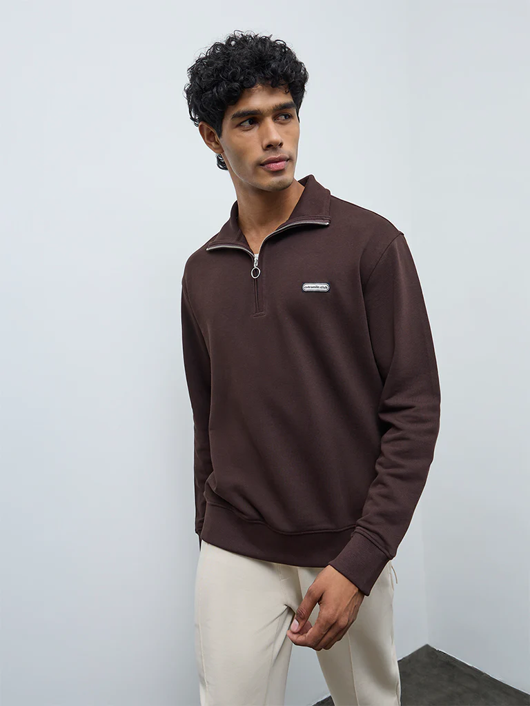 Nuoflexx Brown Patch-Detail Relaxed-Fit Cotton-Blend Quarter-Zip Sweatshirt - Image 2