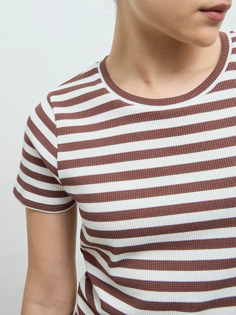 Nuoflexx Brown Striped Cotton-Blend T-Shirt - Image 3