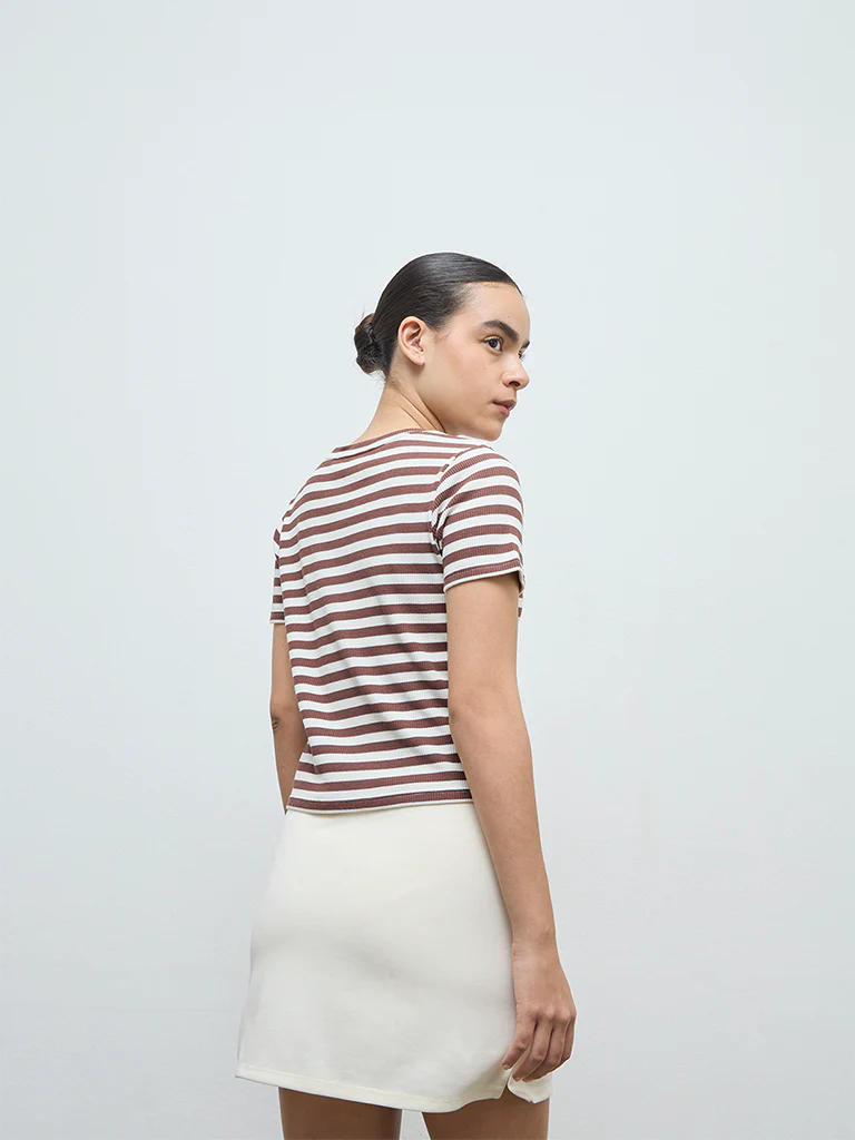 Nuoflexx Brown Striped Cotton-Blend T-Shirt - Image 4