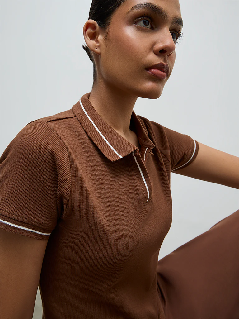 Nuoflexx Brown Striped Cotton-Blend T-Shirt - Image 3