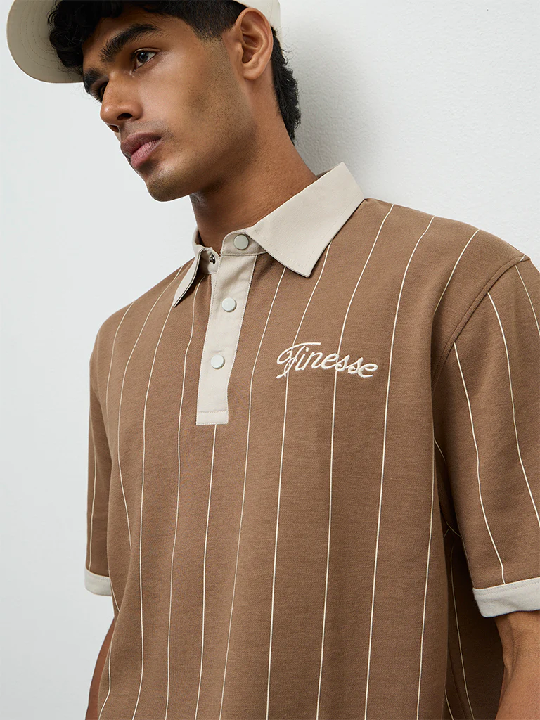 Nuoflexx Brown Striped Relaxed-Fit Cotton-Blend Polo T-Shirt - Image 3