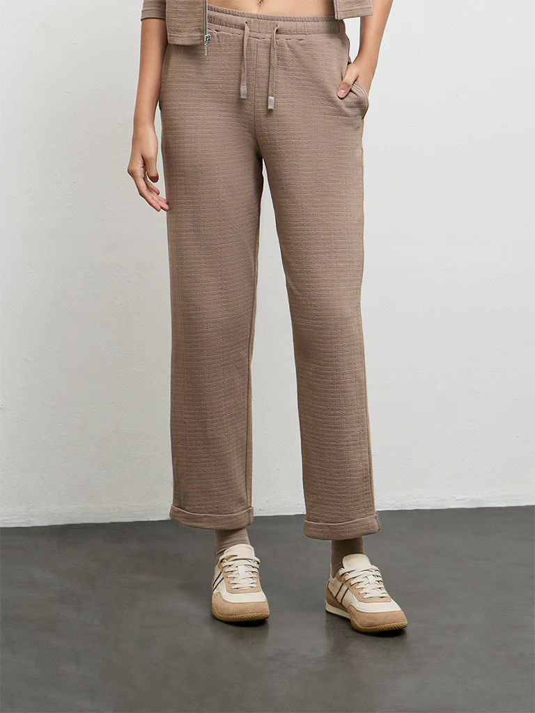 Nuoflexx Brown Textured High-Rise Cotton-Blend Track Pants - Image 2
