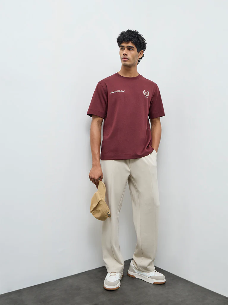 Nuoflexx Burgundy Printed Relaxed-Fit Cotton-Blend T-Shirt - Image 2