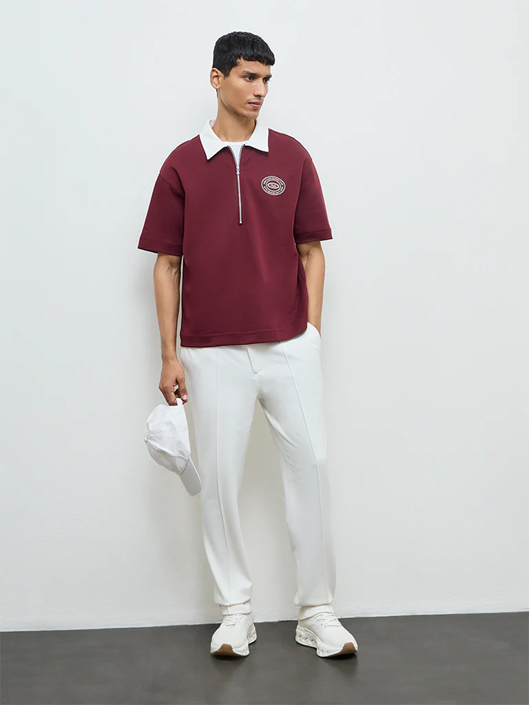 Nuoflexx Burgundy Relaxed-Fit Cotton-Blend Quarter-Zip T-Shirt