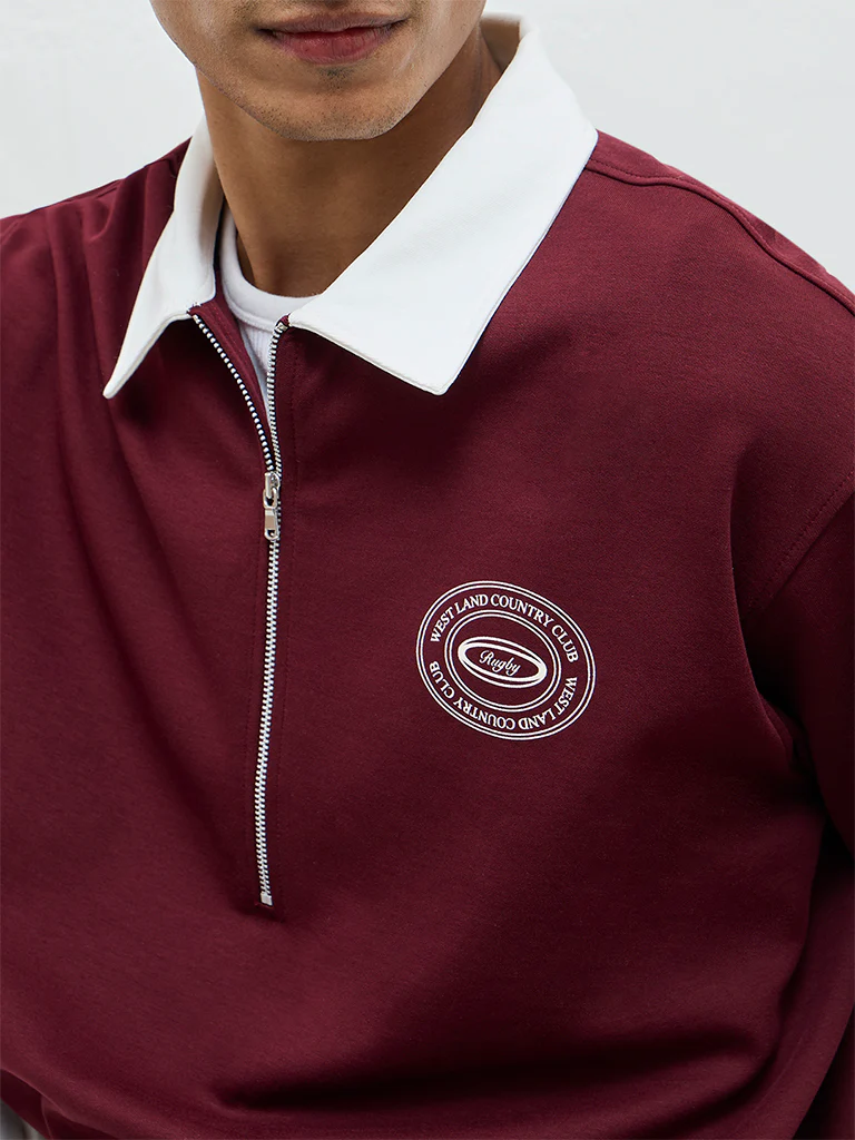 Nuoflexx Burgundy Relaxed-Fit Cotton-Blend Quarter-Zip T-Shirt - Image 3