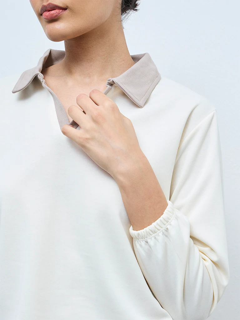 Nuoflexx Cream Contrast Collared Cotton T-Shirt - Image 3