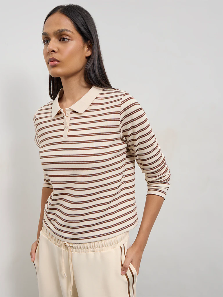 Nuoflexx Cream Striped Cotton-Blend T-Shirt - Image 2