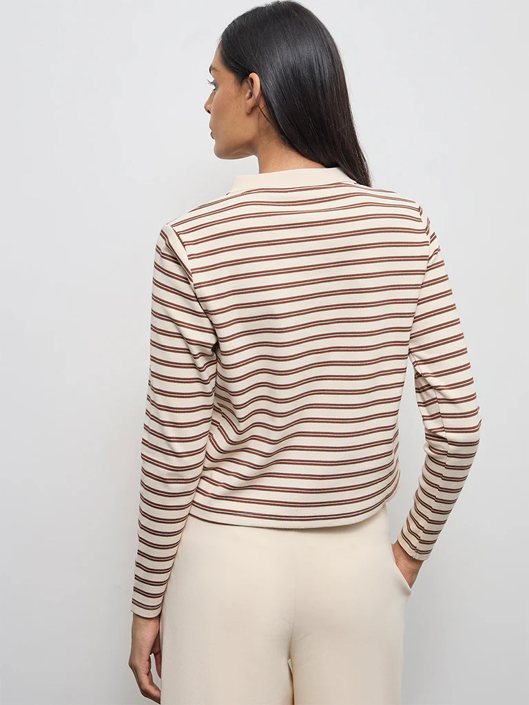 Nuoflexx Cream Striped Cotton-Blend T-Shirt - Image 4