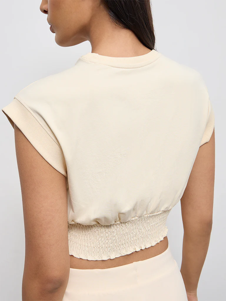 Nuoflexx Cream Text Printed Cotton-Blend Smocked Top - Image 4