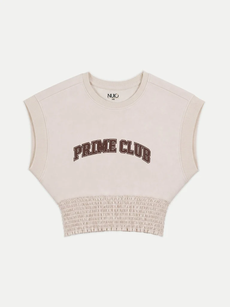 Nuoflexx Cream Text Printed Cotton-Blend Smocked Top - Image 5