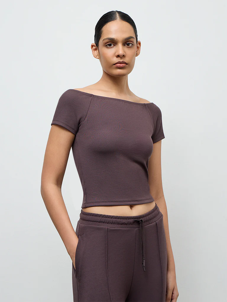 Nuoflexx Dark Brown Ribbed Off-Shoulder Top