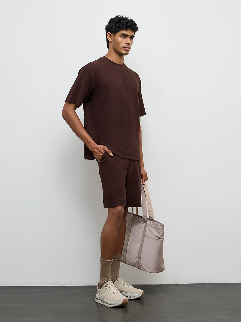 Nuoflexx Dark Brown Textured Relaxed-Fit Cotton-Blend T-Shirt - Image 2