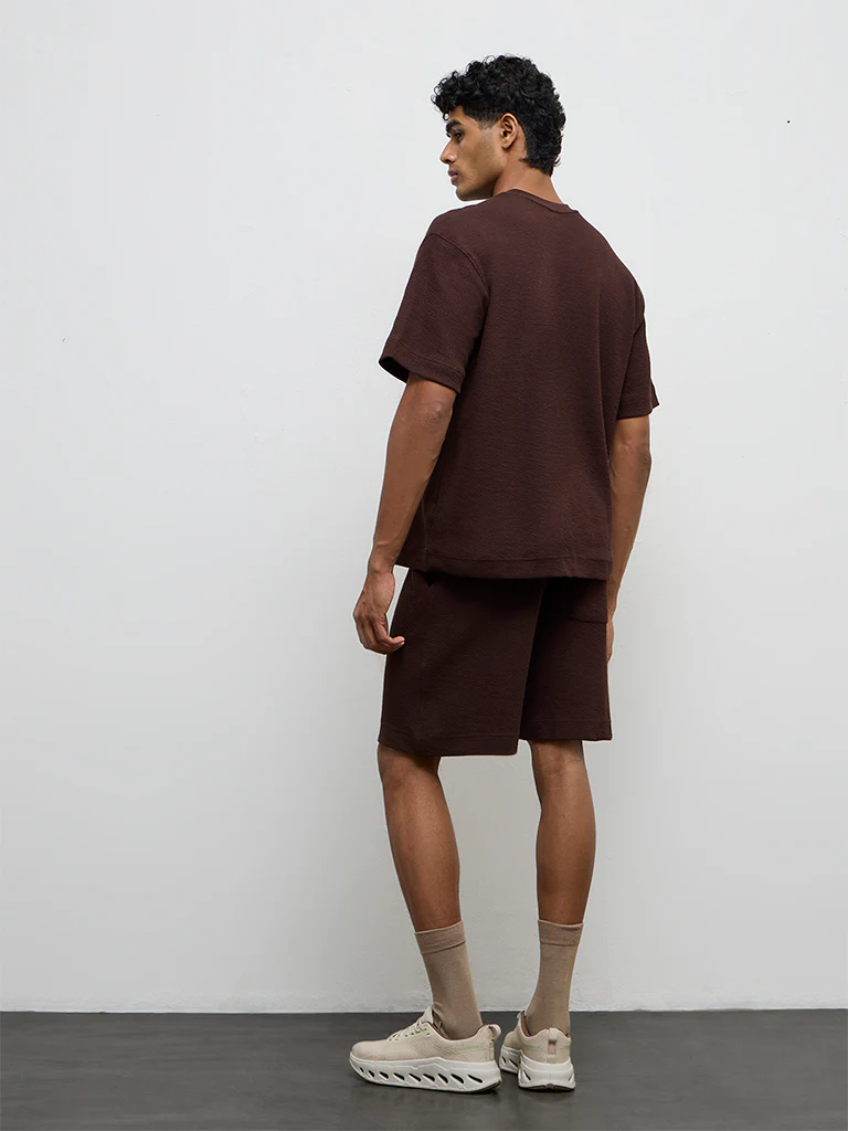 Nuoflexx Dark Brown Textured Relaxed-Fit Cotton-Blend T-Shirt - Image 4