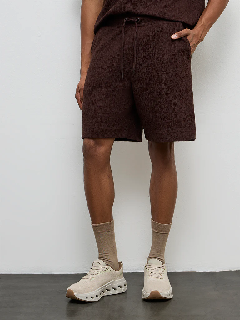 Nuoflexx Dark Brown Textured Relaxed-Fit Mid-Rise Cotton-Blend Shorts - Image 2