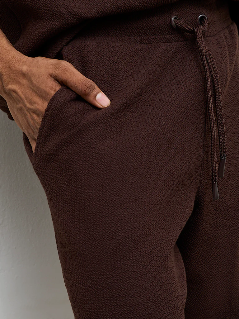 Nuoflexx Dark Brown Textured Relaxed-Fit Mid-Rise Cotton-Blend Shorts - Image 3