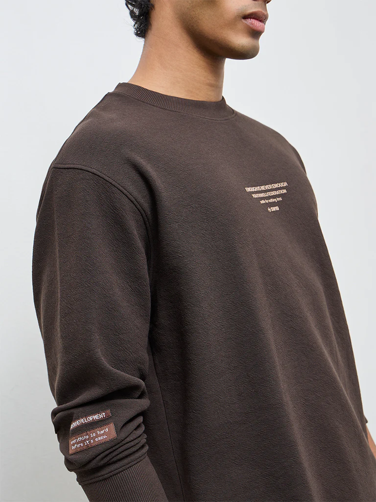 Nuoflexx Dark Brown Typographic Relaxed-Fit Sweatshirt - Image 4