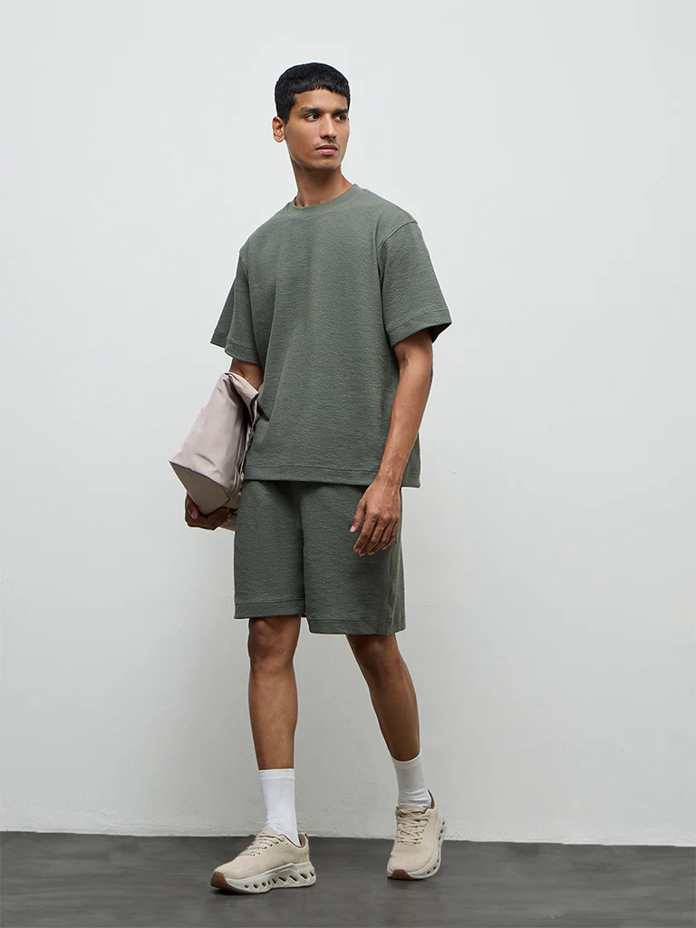 Nuoflexx Dark Sage Textured Relaxed-Fit Cotton-Blend T-Shirt - Image 3