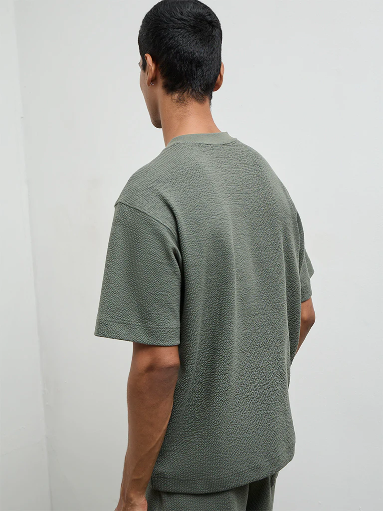 Nuoflexx Dark Sage Textured Relaxed-Fit Cotton-Blend T-Shirt - Image 5