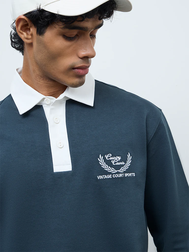 Nuoflexx Dark Teal Text Detailed Relaxed-Fit Polo T-Shirt - Image 4