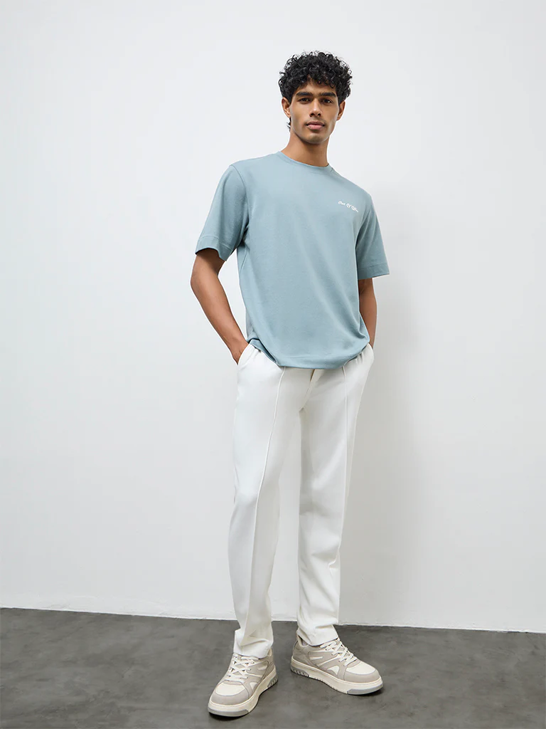 Nuoflexx Dusty Blue Typographic Relaxed-Fit Cotton-Blend T-Shirt - Image 3