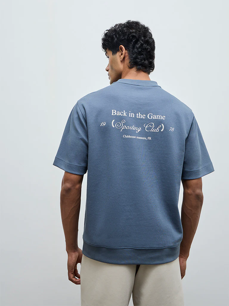 Nuoflexx Dusty Blue Typographic Relaxed-Fit Cotton-Blend T-Shirt - Image 4