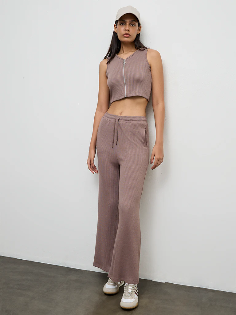 Nuoflexx Dusty Mauve Ribbed-Textured High-Rise Pants