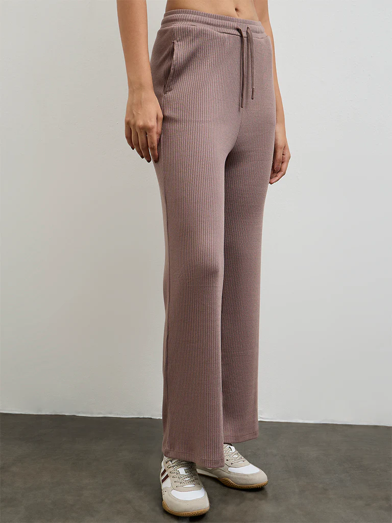 Nuoflexx Dusty Mauve Ribbed-Textured High-Rise Pants - Image 2
