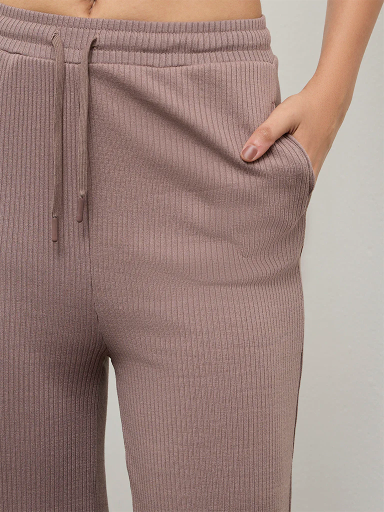 Nuoflexx Dusty Mauve Ribbed-Textured High-Rise Pants - Image 3