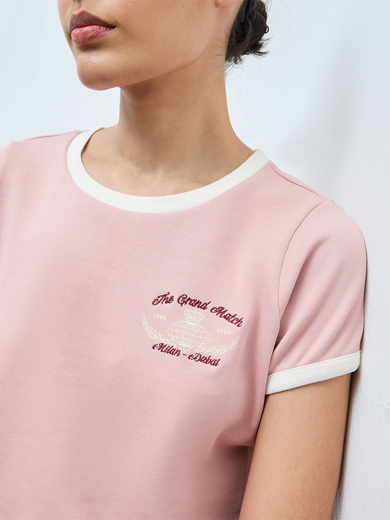Nuoflexx Dusty Pink Embroidered Cotton-Blend T-Shirt - Image 4