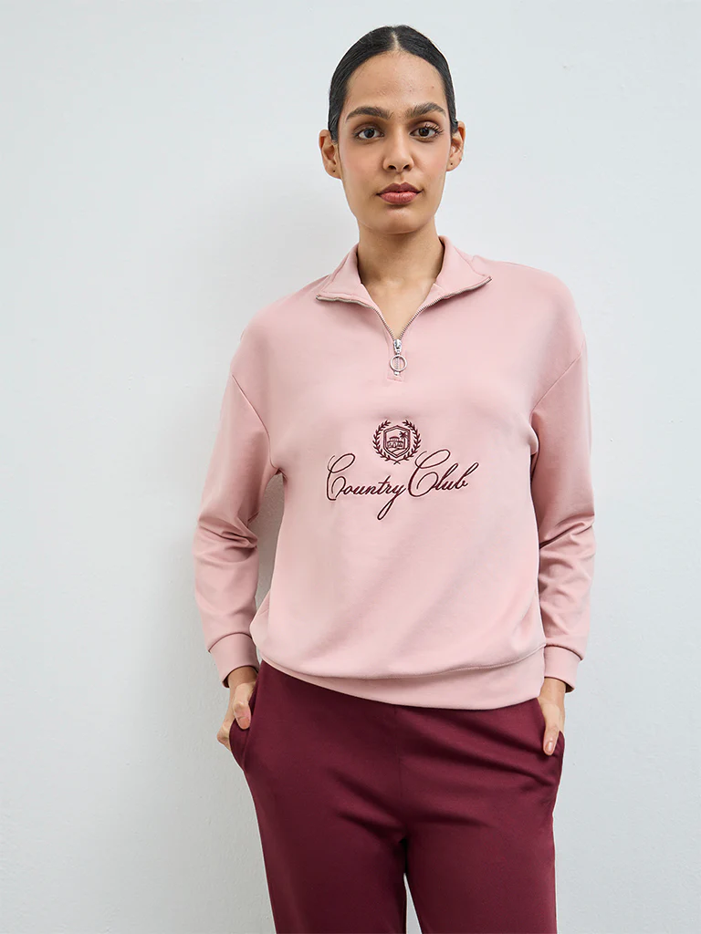 Nuoflexx Dusty Pink Embroidered Quarter-Zip Sweatshirt