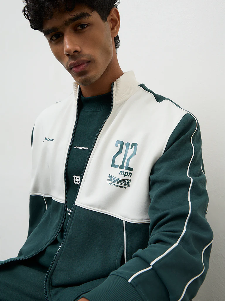 Nuoflexx Green Colour-Blocked Relaxed Fit Cotton-Blend Jacket - Image 4