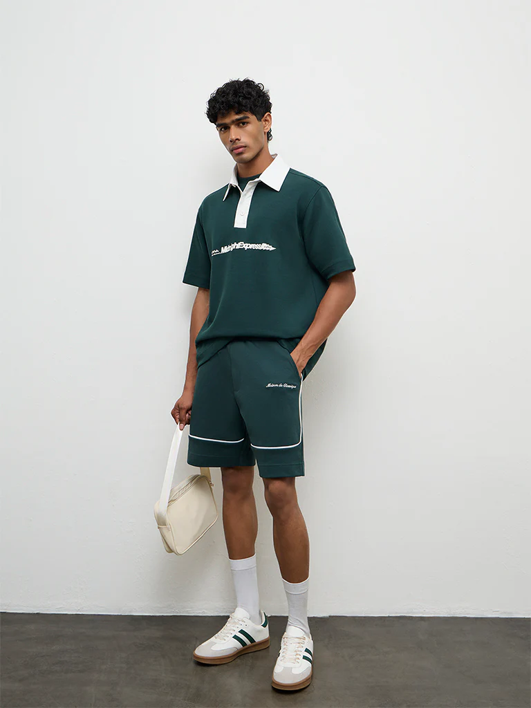 Nuoflexx Green Text Printed Relaxed Fit Cotton-Blend Polo T-Shirt - Image 2