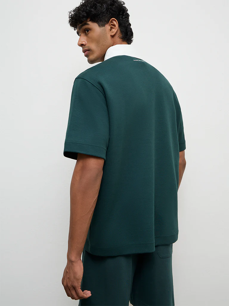 Nuoflexx Green Text Printed Relaxed Fit Cotton-Blend Polo T-Shirt - Image 4