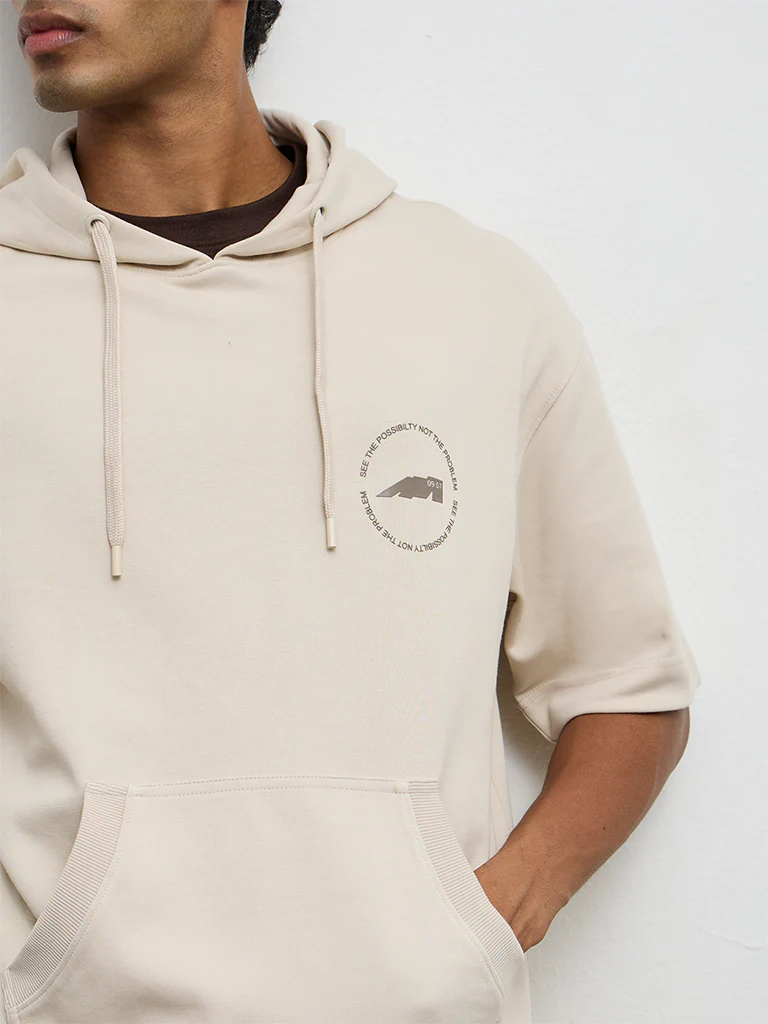 Nuoflexx Light Beige Printed Relaxed-Fit Cotton-Blend Hoodie - Image 4