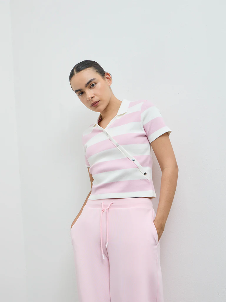 Nuoflexx Light Pink Striped Cotton-Blend Top