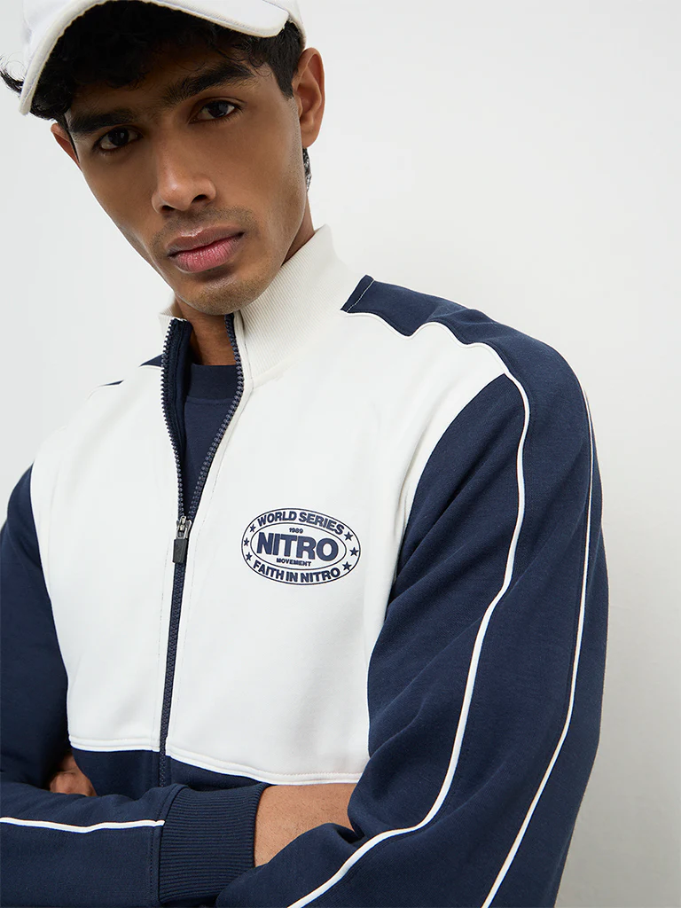 Nuoflexx Navy Colour-Blocked Relaxed Fit Cotton-Blend Jacket - Image 3