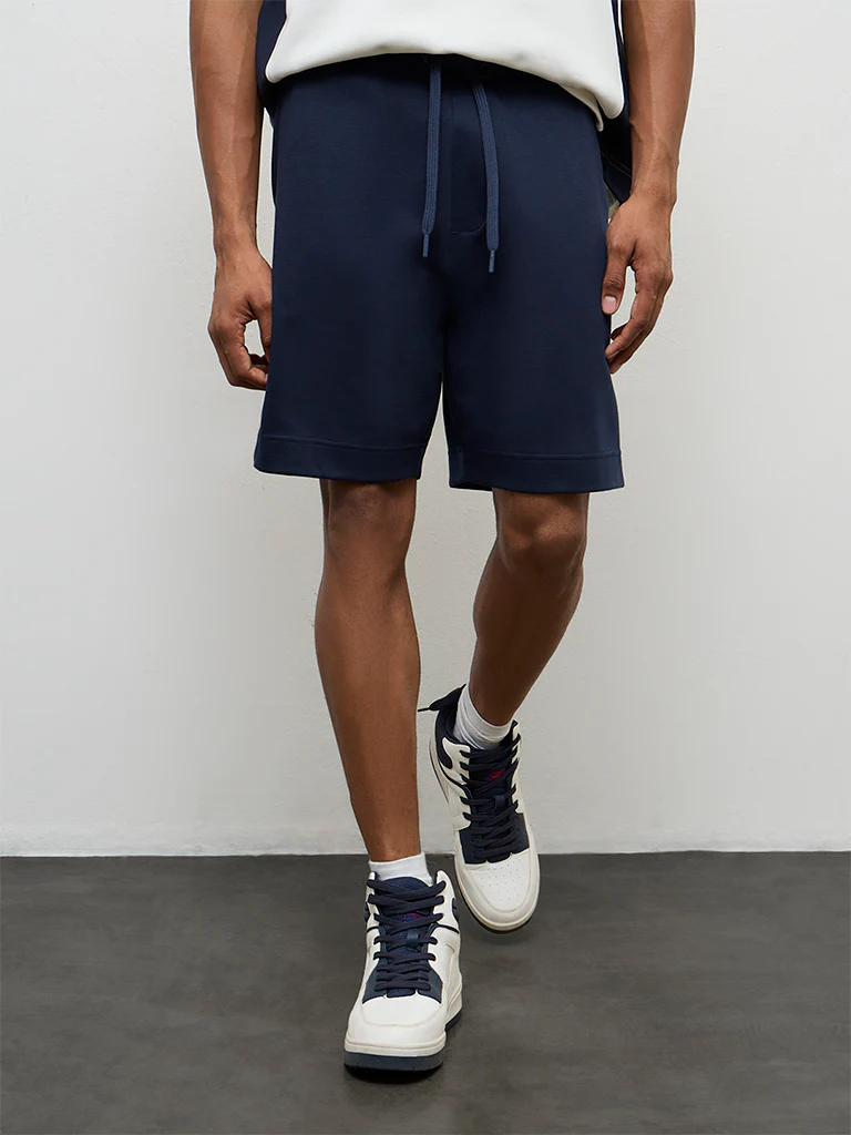Nuoflexx Navy Relaxed-Fit Mid-Rise Cotton-Blend Shorts - Image 3